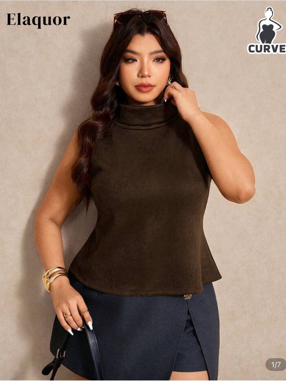 Elaquor Curved Sleeveless Turtleneck Top in Dark Brown SHEIN 0XL